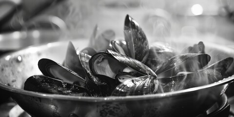 Fresh mussels in a bowl on a stove, perfect for seafood lovers. Ideal for restaurant menus or food blogs