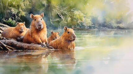 A group of capybaras lounging lazily by a lush riverside, with one capybara partially submerged in the water, reflecting a tranquil and sociable wildlife scene, ideal for nature and animal themes - obrazy, fototapety, plakaty