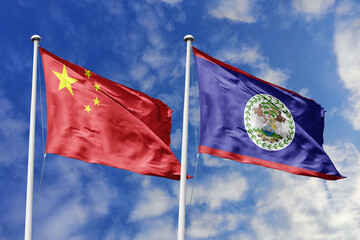 3d illustration. China and AAAAAAAAA Flag waving in sky. High detailed waving flag. 3D render....