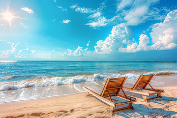 Beautiful beach. Chairs on the sandy beach near the sea