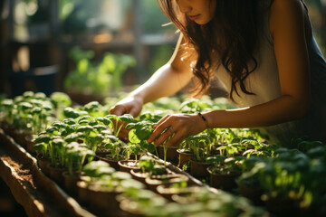 Obraz premium Hands of hardworking gardener hold freshly grown tomatoes in greenhouse.
