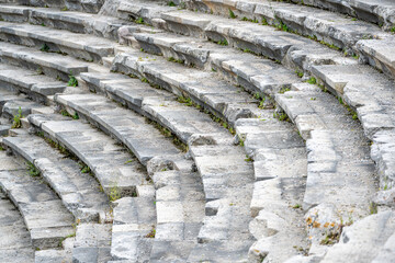 Amphitheatre and ornate marble ruins in the ancient city of Side, Antalya