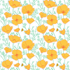white seamless pattern with orange Eschscholzia flowers. California poppy - vector decorative background