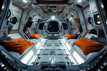 Interior view of a space station with vibrant orange pillows. Suitable for futuristic design projects