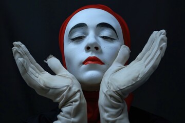 Portrait of a woman with striking white makeup and a bold red head scarf. Suitable for fashion or beauty concepts