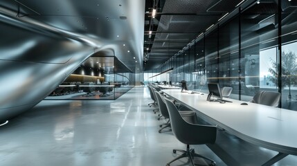 Obraz premium futuristic tech company headquarters with sleek, minimalist architecture and cutting-edge technology seamlessly integrated into the workspace. 