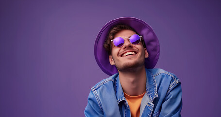 A man wearing a purple hat and sunglasses is smiling. He is wearing a blue jacket and a tan shirt. generation z men, Lavanda color outfit, inspiring but also fashionable, Isolated dark blue background