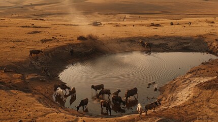 Thirsty livestock gathered around an empty watering hole, depicting the plight of animals during drought