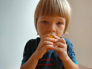 Little child holding tomatoes in his hand and eating and having fun with them on grey background. The child eats and holds vegetables and tomatoes