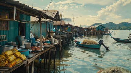 Fototapeta na wymiar A serene view of a fishing village with fresh seafood, emphasizing the importance of food safety in the harvesting process.