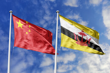 3d illustration. China and AAAAAAAAA Flag waving in sky. High detailed waving flag. 3D render....