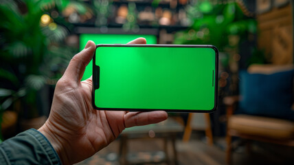 person holding an smart phone with a picture of green screen generative ai - 796274077