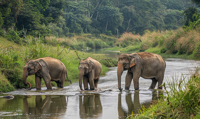 Fototapeta premium Elephants bathing in river in a jungle