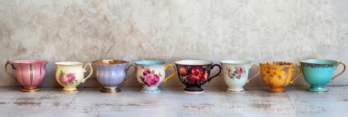 Antique Teacup Row in Colorful Floral Design - Perfect for Vintage Kitchen Decor