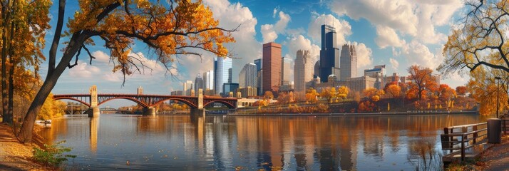 Autumn Skyline with 3rd Avenue Bridge. Cityscape of architecture,