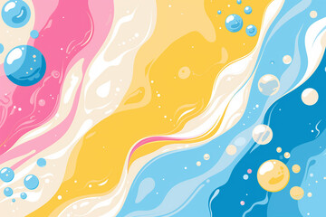 Fluid Art with Bubbles, Pink and Blue Swirls on Yellow