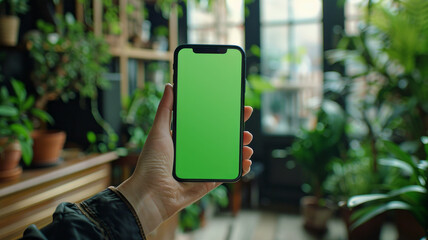 person holding an smart phone with a picture of green screen generative ai - 796274276