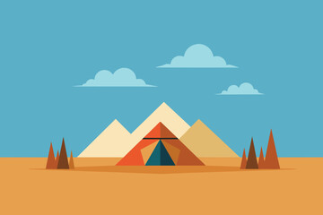 Camp on wild desert mono line vector design illustration
