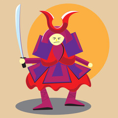 Color illustration of a samurai standing facing with legs apart. A traditional Japanese warrior with a drawn samurai sword and in traditional armor with a helmet