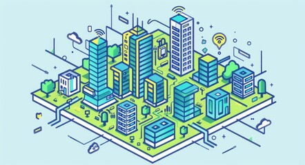 Smart City Isometric Outline Illustration with Buildings, Networks, and Communication Technology