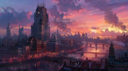 Naklejka premium Twilight descends over a cityscape adorned with a majestic riverside skyscraper, evoking a sense of calm and grandeur.