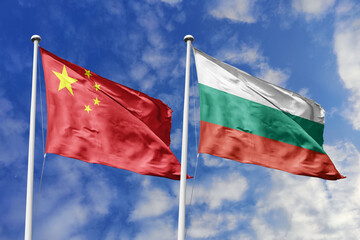 3d illustration. China and AAAAAAAAA Flag waving in sky. High detailed waving flag. 3D render....