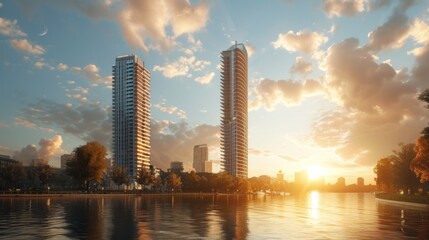 Urban architecture meets natural beauty as a modern skyscraper stands tall by the riverside, creating a picturesque scene of modernity and tranquility.