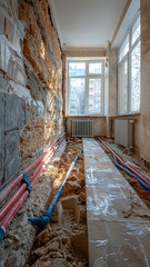 underfloor heating in an apartment under renovation, a collector is installed on the wall,generative ai - 796274641