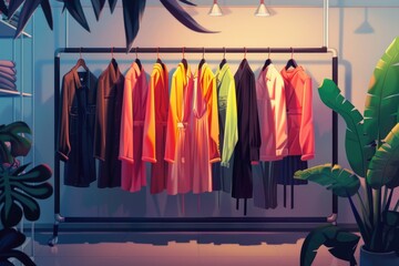 Colorful shirts hanging on a rack, ideal for clothing store promotions