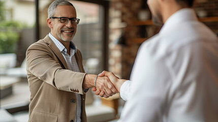 Handsome middle aged man shaking hands with a financial advisor during a consultation at home. Thank you so much for your assistance.