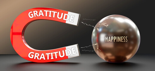 Gratitude attracts Happiness. A metaphor showing gratitude as a big magnet attracting happiness. Analogy to demonstrate the importance and strength of gratitude. ,3d illustration