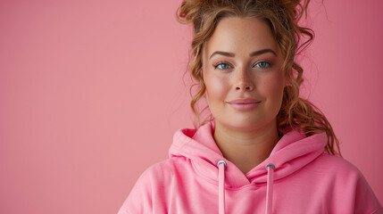 Full body portrait of plus size model woman wearing sport hoody on flat pink background, copy space.