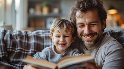 Reading : Lovely family dad and son reading story together on sofa daytime at home family hobby.