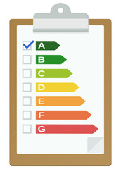 Clipboard with an energy efficiency checklist validated in class A in flat design style (cut out)