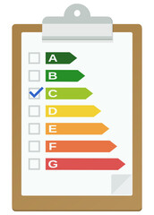 Clipboard with an energy efficiency checklist validated in class C in flat design style (cut out)