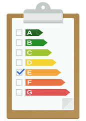 Clipboard with an energy efficiency checklist validated in class E in flat design style (cut out)