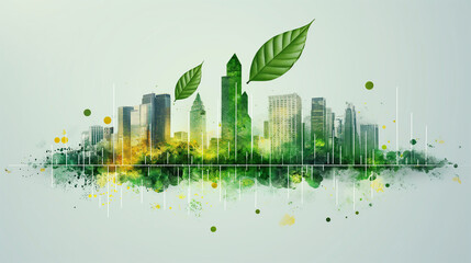 Urban Sustainable Green Growth. Concept showing rising city skyline bar chart with green leaf as arrow. Background and graph layered for easy customization. Fully scalable vector illustration. - obrazy, fototapety, plakaty