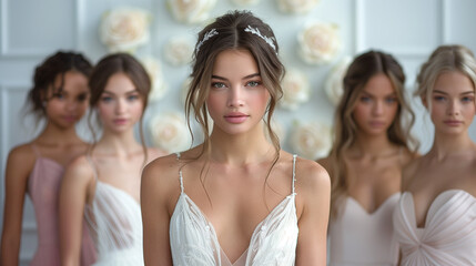 Obraz premium A collection of stunning wedding dresses showcases diverse styles and intricate designs in a well-lit bridal boutique .