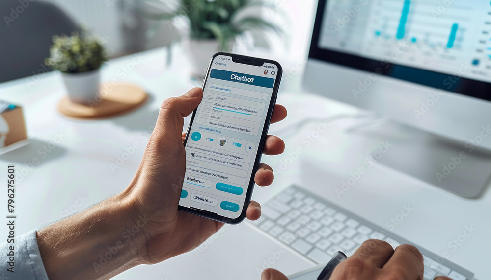 Poster hand holding a mobilephone with a chatbot on his screen,with the text 