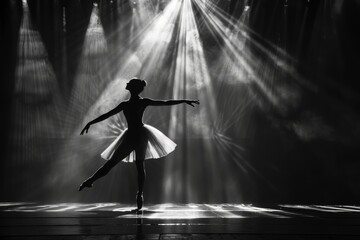 A ballerina performs a dance routine on stage, highlighted by dramatic lighting.