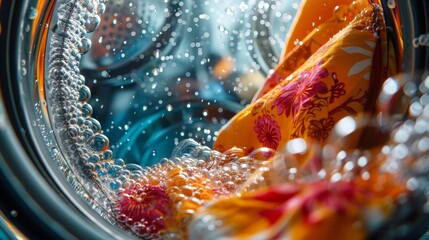 Washing machine mid-cycle with bubbles and vibrant clothes