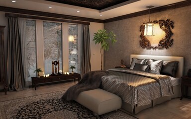 The bedroom, a serene sanctuary, bathed in soft light, cocooned in tranquility, invites restful...
