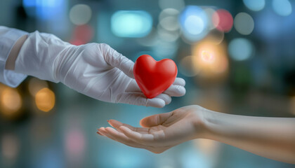 Heart transplant and organ donation concept. Hand is giving red heart.generative ai - 796276058