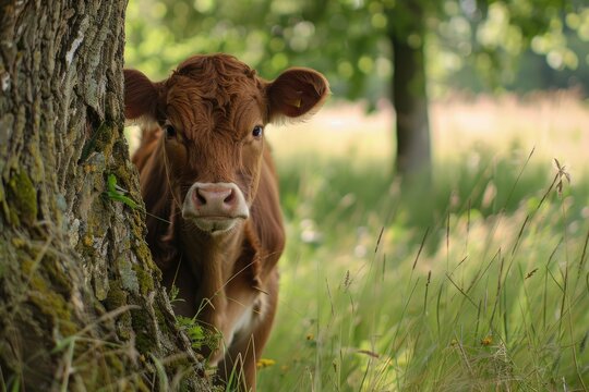 Mini Dexter Cow Hiding Behind Tree in Beautiful Pasture Landscape