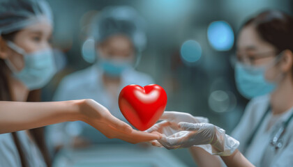 Heart transplant and organ donation concept. Hand is giving red heart.generative ai - 796276231