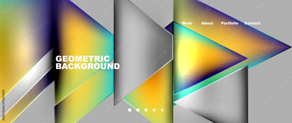 Poster colorfulness pops from the geometric background of vibrant orange, electric blue triangles on a gray