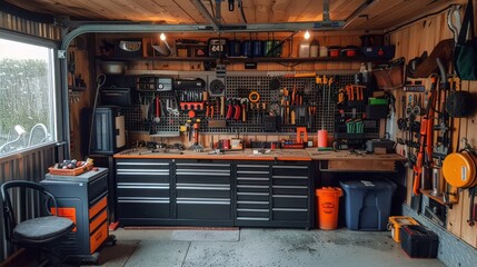 Obraz na płótnie Canvas Organized and clean garage space with tools neatly arranged