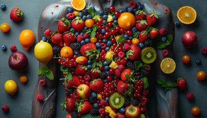 Half part of plastic body full of fruit and berry in light grey background.generative ai