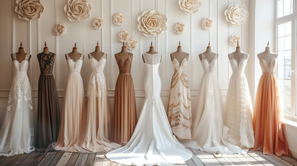 A collection of stunning wedding dresses showcases diverse styles and intricate designs in a well-lit bridal boutique .