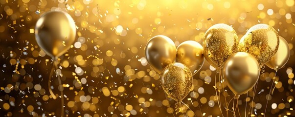 Golden balloons and confetti for a festive birthday background - - obrazy, fototapety, plakaty